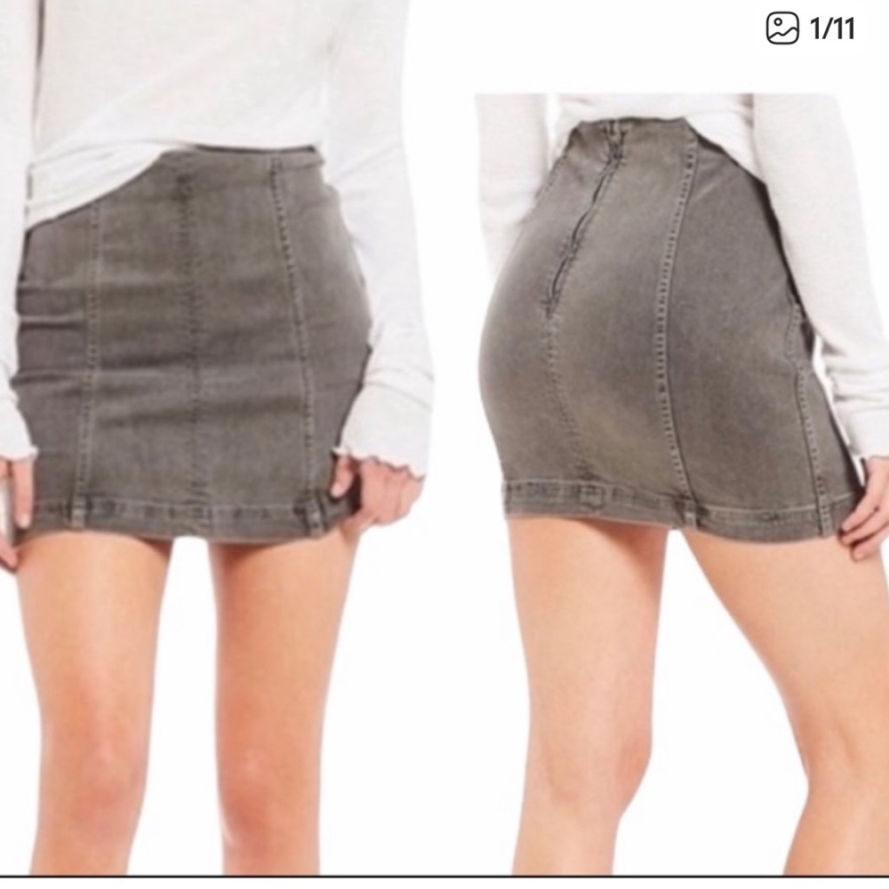 Free People charcoal light gray Denim Mini Skirt exposed seams stretchy 4